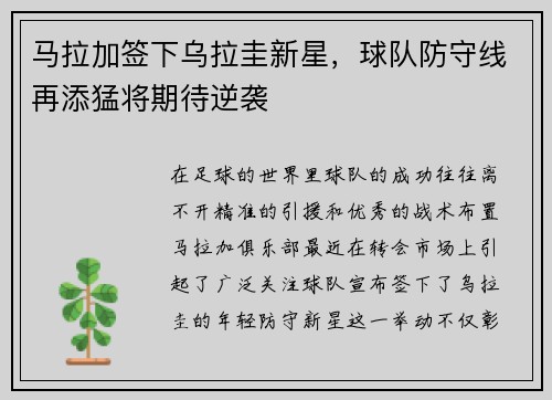 马拉加签下乌拉圭新星，球队防守线再添猛将期待逆袭