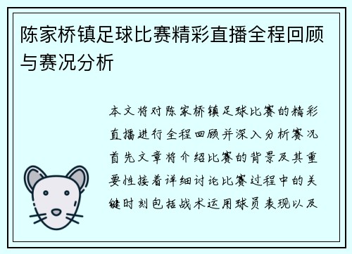 陈家桥镇足球比赛精彩直播全程回顾与赛况分析